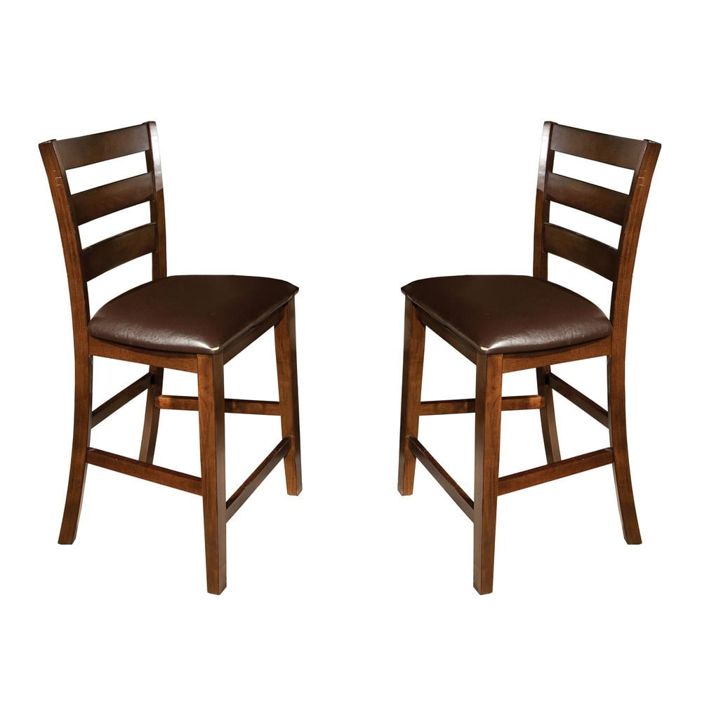 Set of 2 Brown Wood and Leather Ladder Back Bar Stools