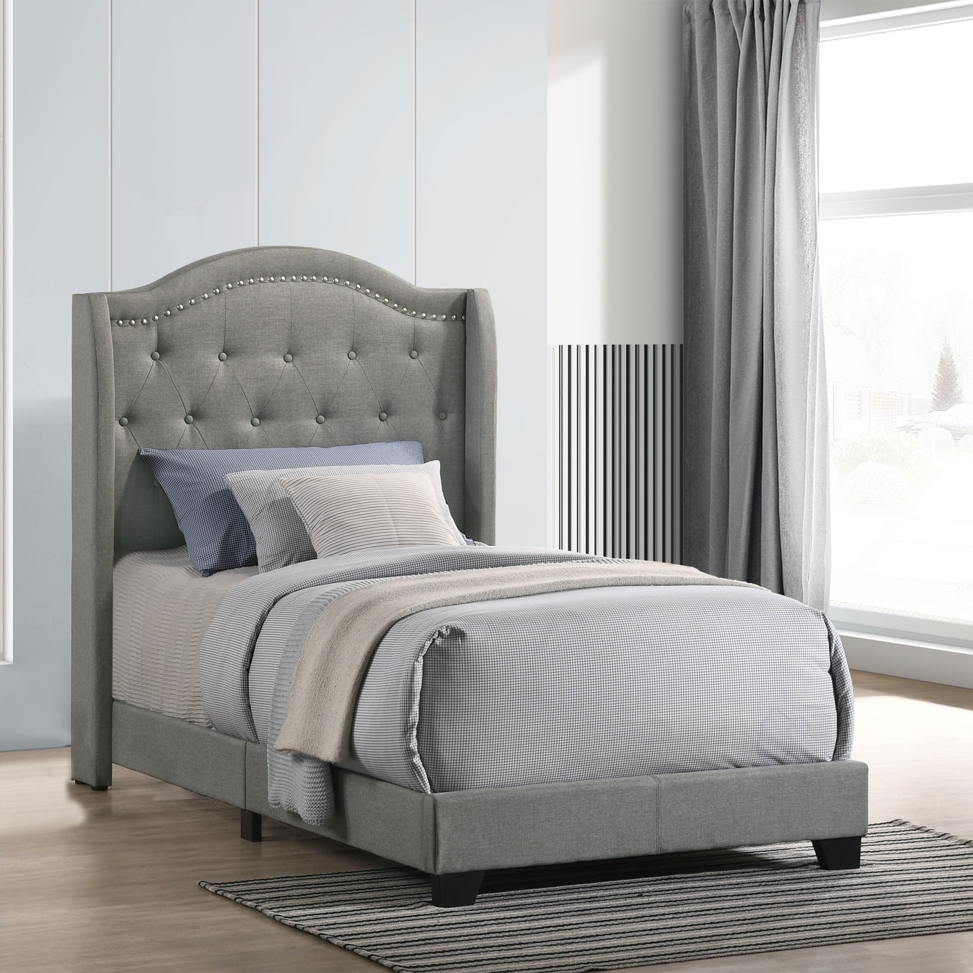 Gray Twin Upholstered Bed with Tufted Headboard and Nailhead Trim