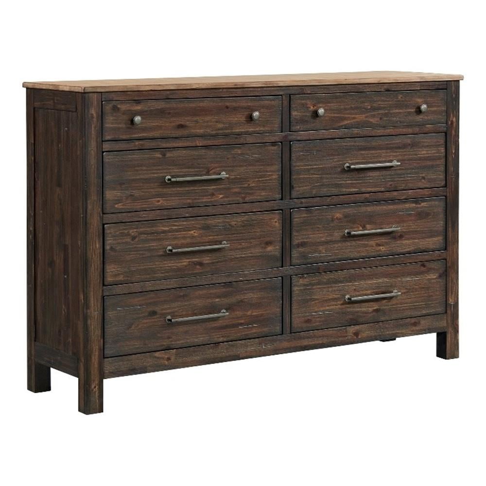 Transitional Acacia Wood 8-Drawer Dresser in Driftwood and Sable
