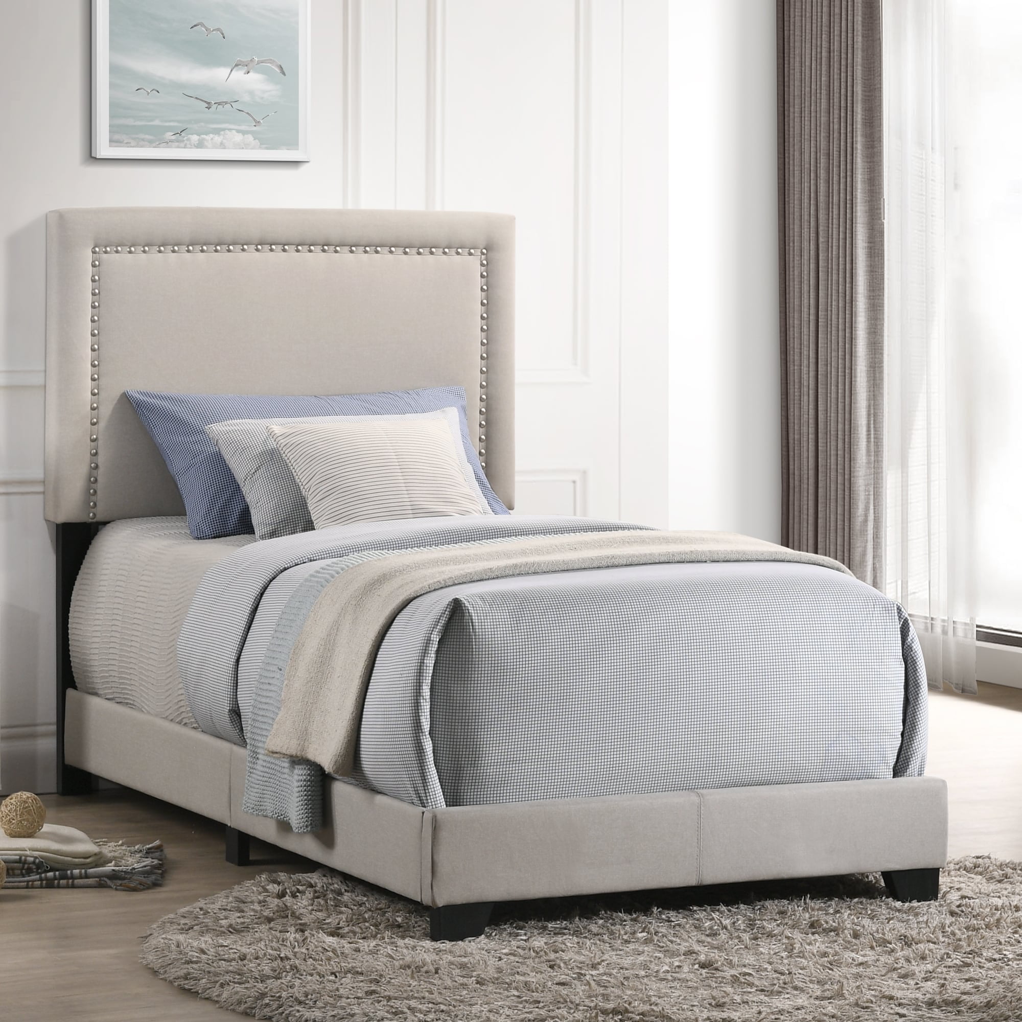 Zion White Twin Upholstered Bed with Tufted Headboard and Nailhead Trim