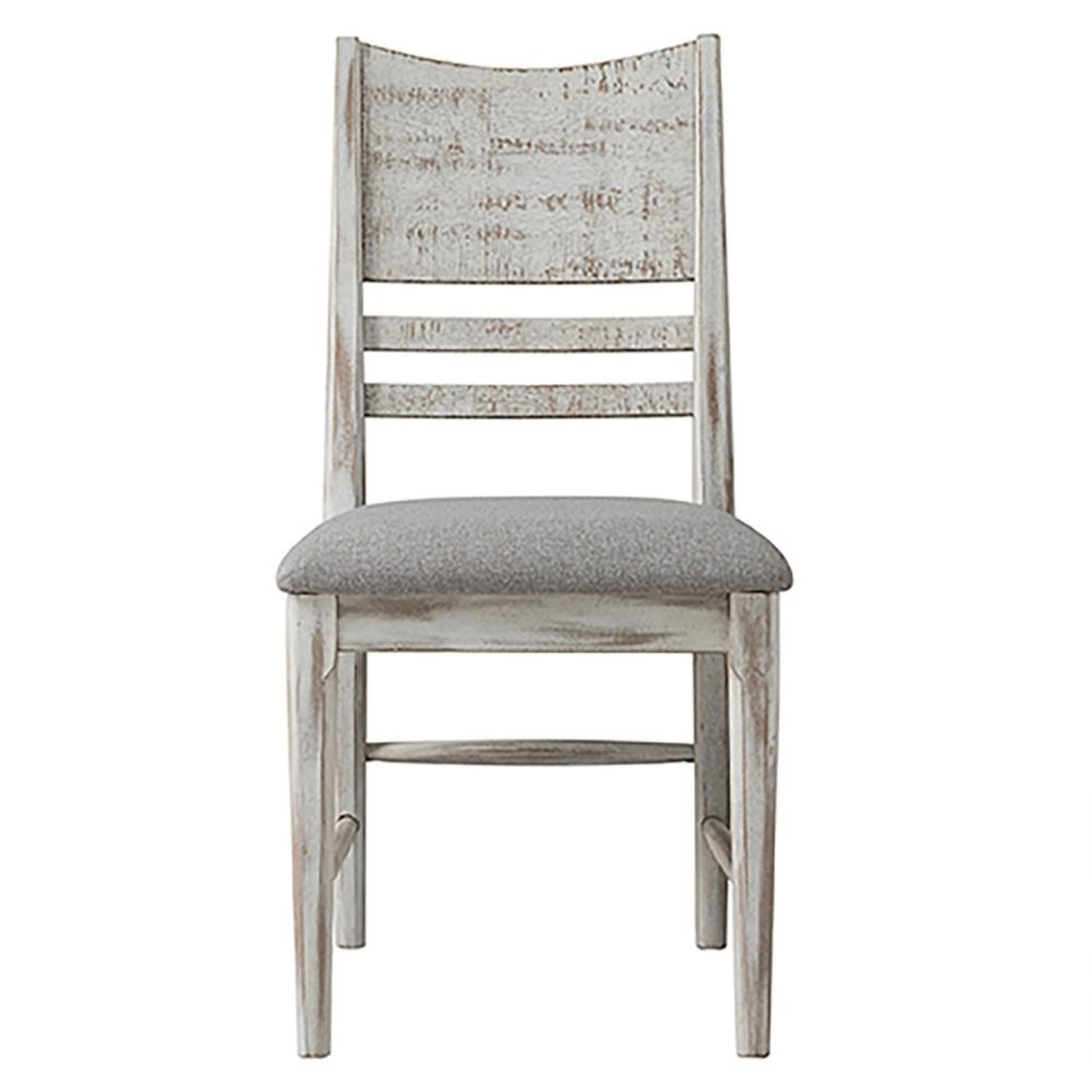 Rustic White Acacia Wood Side Chair with Gray Linen Seat