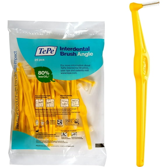 Interdental Brush Angle, Angled Dental Brush for Teeth Cleaning, Pack of 25, 0.7 mm, Medium Gaps, Yellow, Size 4