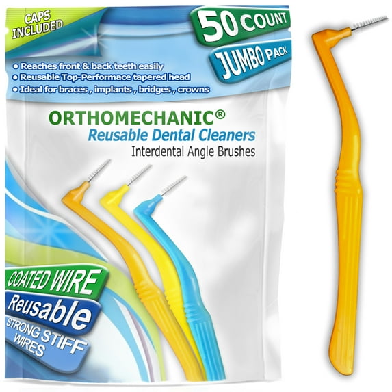 Interdental brush Angle Reusable Brushes, Pack of 50 By Orthomechanic, Tight, Jumbo Pack