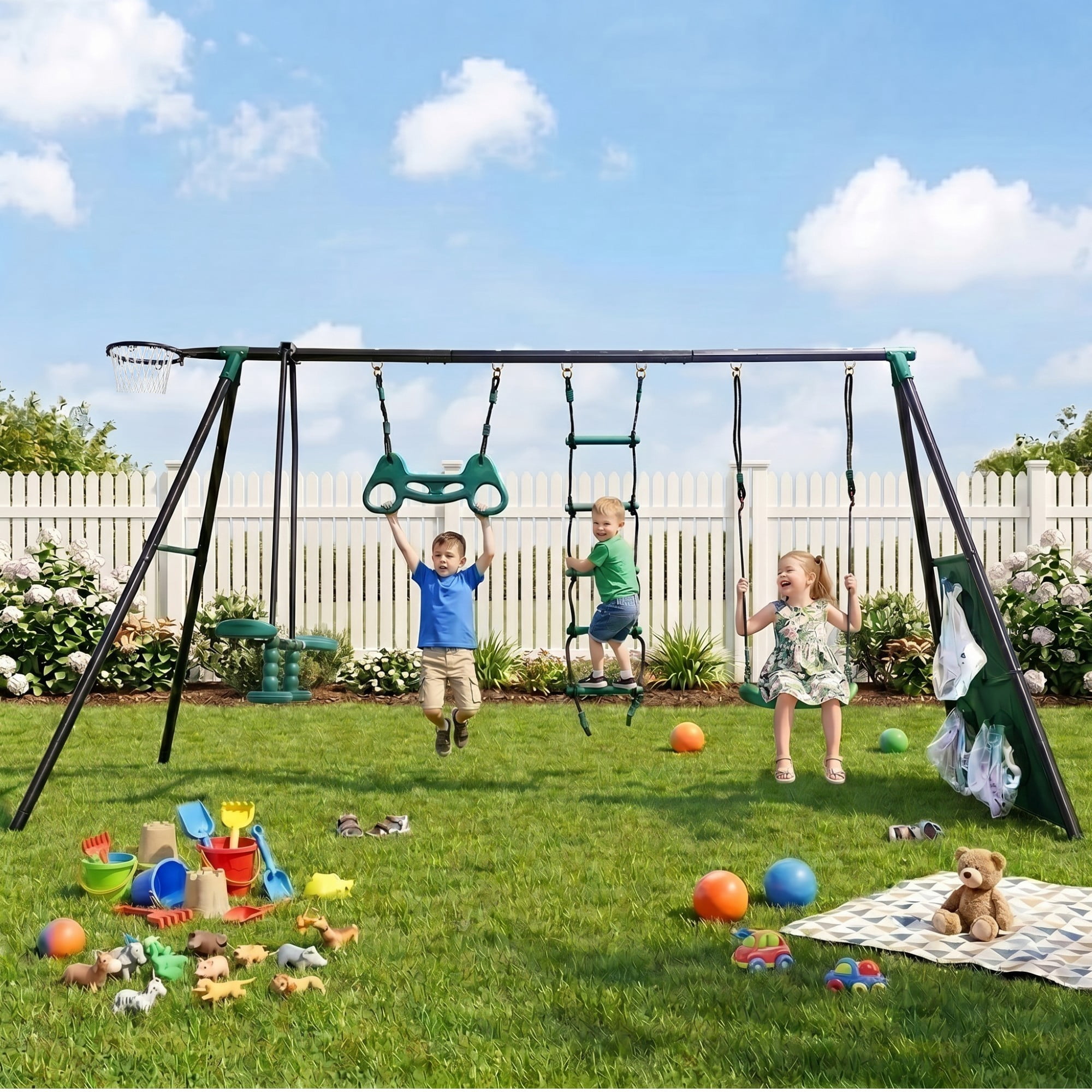 Interesting 4 in 1 Swingset with Net Swing and Face to Face Metal Plastic Safe Swing Seat,Heavy Duty Rustproof A-Frame Metal Outdoor Swing Set for Backyard,550lbs