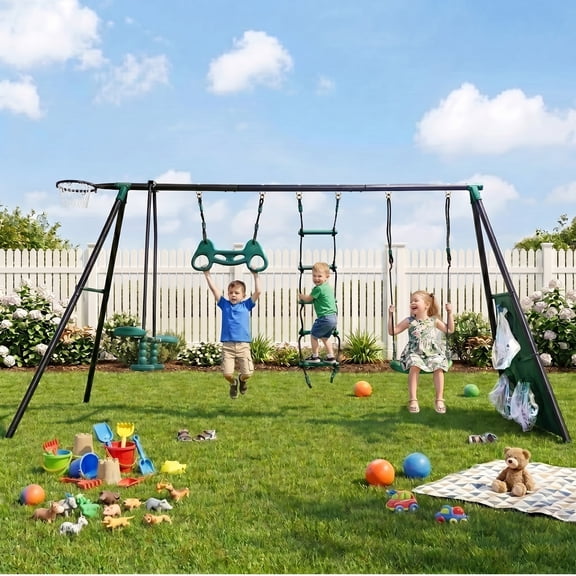 Interesting 4 in 1 Swingset with Net Swing and Face to Face Metal Plastic Safe Swing Seat,Heavy Duty Rustproof A-Frame Metal Outdoor Swing Set for Backyard,550lbs