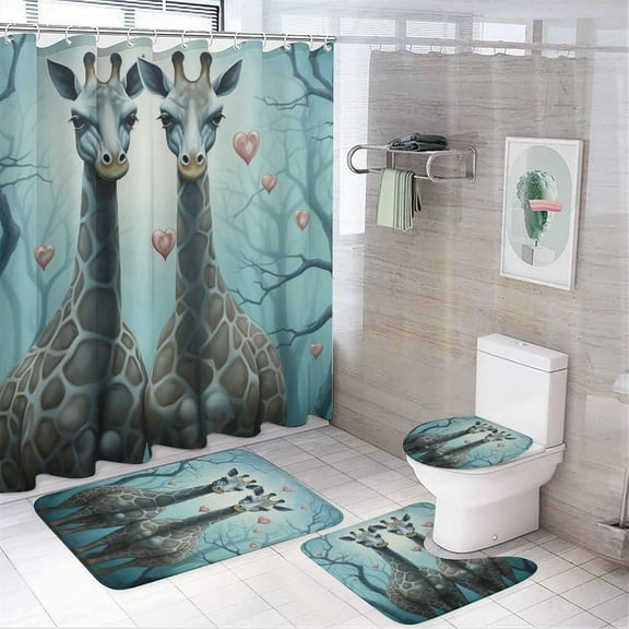 Interesting Giraffe Couple Shower Curtain Sets with Rugs Toilet Lid Cover and Bath Mat Rustic Tree Beautiful Nature Animal Shower Curtains with 12 Hooks Waterproof 4 Piece Bathroom Decor Set