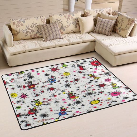 Interesting Hand Drawn Creatures Soft Polyester Area Rug 72''x48'', Non Slip, Memory Foam, Water Absorbent