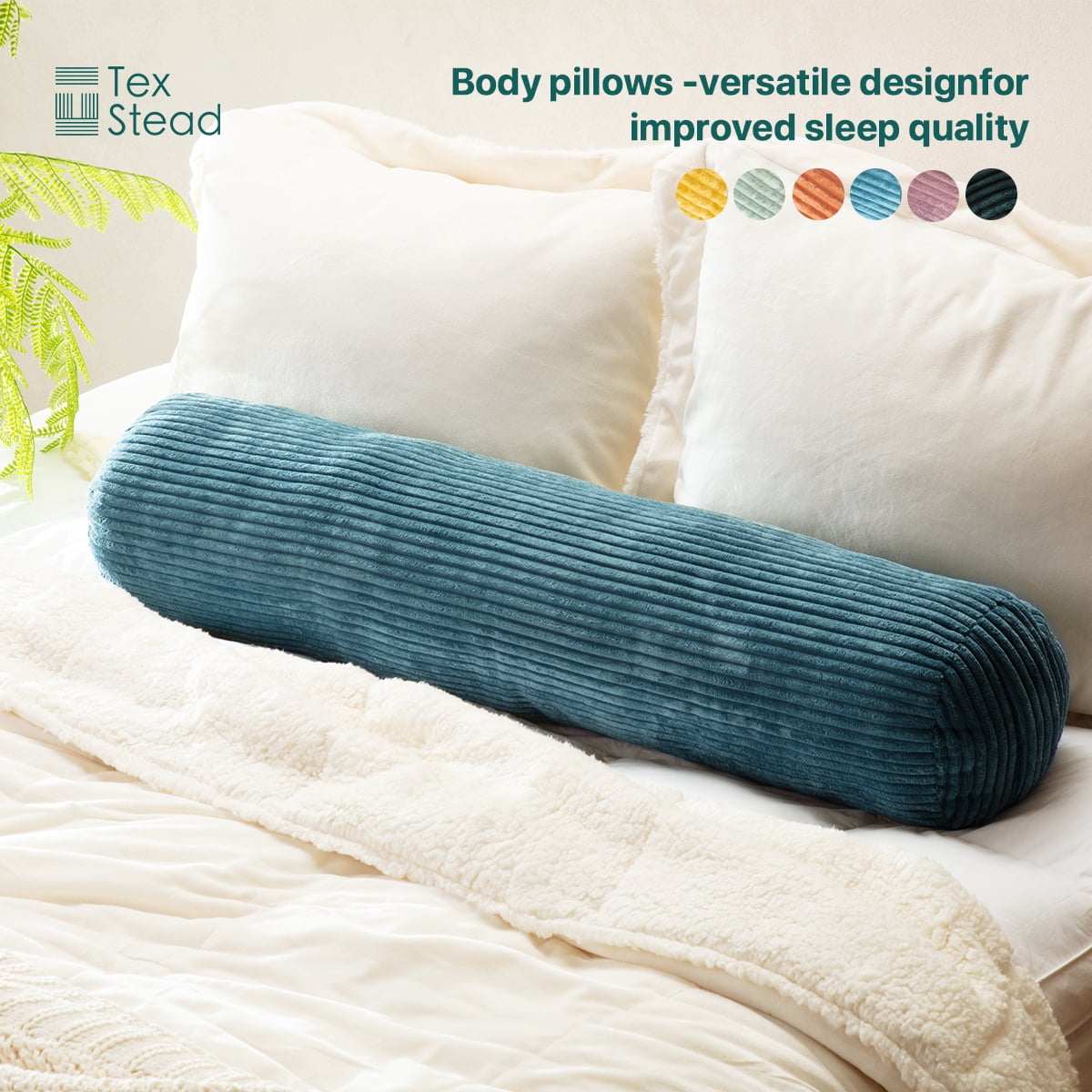 CHARRYARN by TexStead Cuddle Pillow  Bolster Pillow Corduroy Cylindrical Bed Pillow - Multifunctional Long Pillow- uitable for yoga,Lumbar and Neck Support Roll Pillow - Blue（8"x35.4")