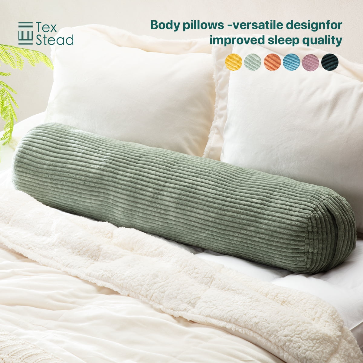 CHARRYARN Cuddle Pillow  Bolster Pillow Corduroy Cylindrical Bed Pillow - Multifunctional Long Pillow- uitable for yoga,Lumbar and Neck Support Roll Pillow - Light green（8"x35.4")