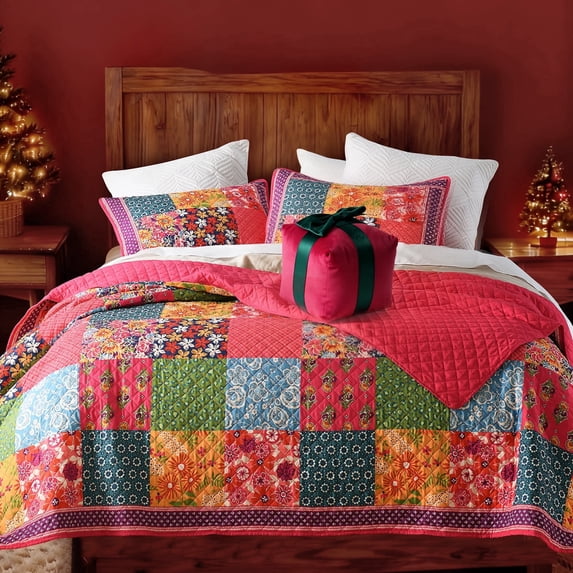 CHARRYARN King Comforter Set-Red Lightweight Patchwork-All Season Bedspread-Super Soft Quilt (1 Quilt, 2 Pillow Shams, Red)
