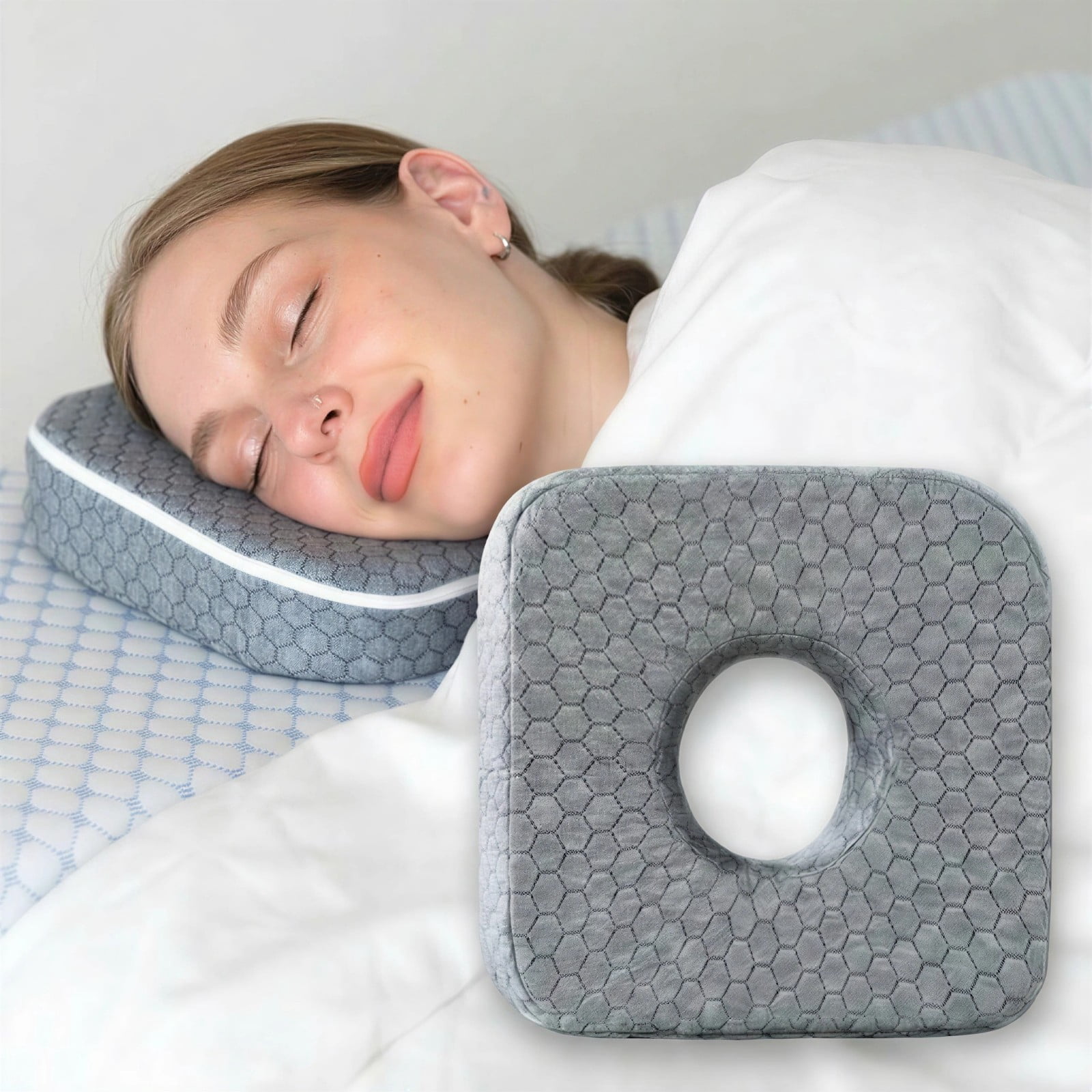 CHARRYARN by TexStead Ear Protection Pillow with Center Hole, Side-Sleeping Pillow, Soft Memory Foam Cushion, Prevents Ear Pressure & Relieves Ear Pain – Breathable & Washable Cover-9*9*2inch-gray