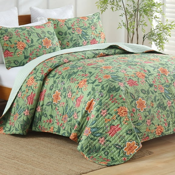 CHARRYARN Floral Quilt Set Queen Size Bedding Set with 2 Pillow Shams, Soft Bedspreads Lightweight Bed Coverlets for All Seasons - (Green, 90"x90",3 Pieces)