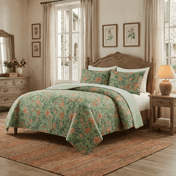CHARRYARN Queen Comforter Set-Green Lightweight Patchwork-All Season Bedspread-Super Soft Quilt (1 Quilt, 1/2 Pillow Shams, Green)