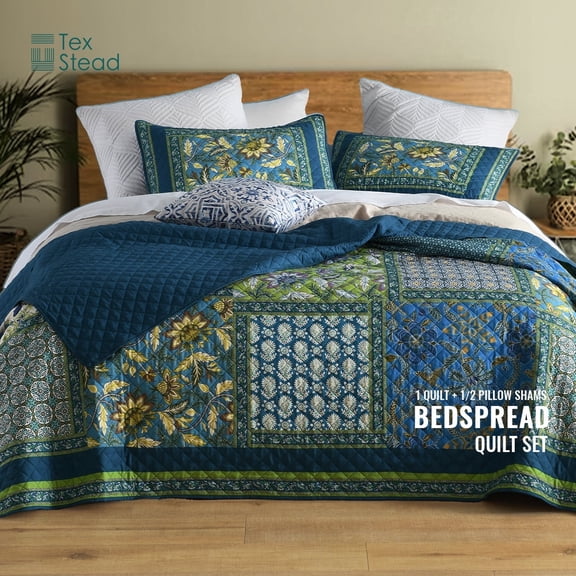CHARRYARN Queen Size Quilt Set - Comforter Set Blue Bedding Sets, Soft Coverlet Patchwork Reversible Lightweight Bedspread with 2 Pillow Shams, (90"x90", 3 Pieces)