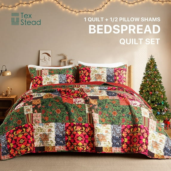 CHARRYARN Queen Size Quilt Set - Comforter Set Red Bedding Sets, Soft Coverlet Patchwork Reversible Lightweight Bedspread with 2 Pillow Shams, (90"x90", 3 Pieces)