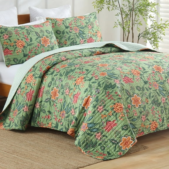 CHARRYARN Floral Quilt Set Twin Size Bedding Set with 1 Pillow Shams, Soft Bedspreads Lightweight Bed Coverlets for All Seasons - (Green, 68"x90",2 Pieces)