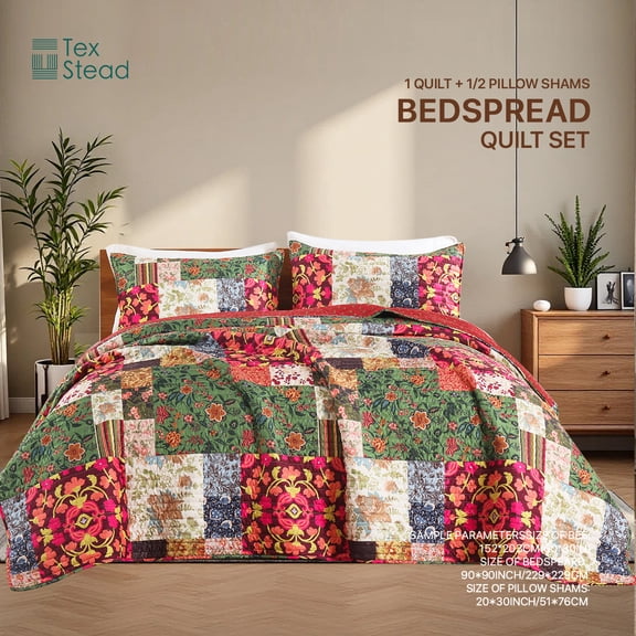 CHARRYARN Twin Comforter Set-Red Lightweight Patchwork-Spring and Summer Bedspread-Super Soft Quilt (1 Quilt, 1Pillow Shams, Red)