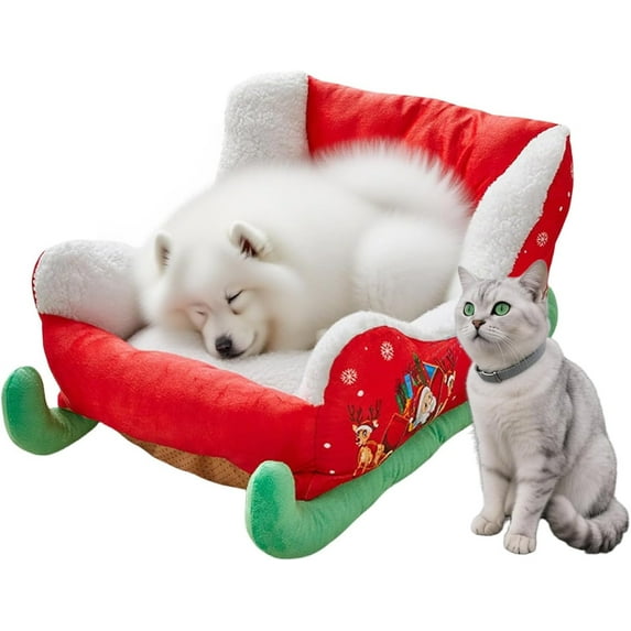 Interesting Red Christmas Cat Dog Bed, Pet Sleigh Bed, Sofa, Indoor and Outdoor Plush Synthetic Fur, Christmas Holiday Themed Pet Bed, Washable and Highly Durable