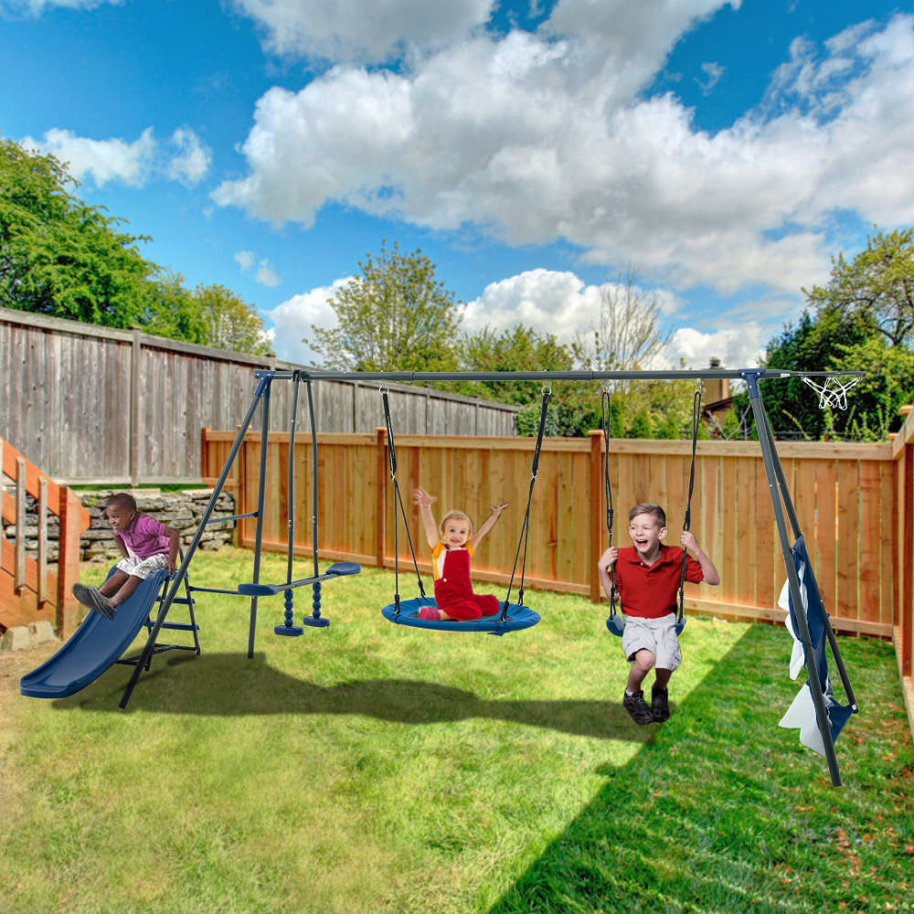 Interesting Six Function Swingset with Net Swing Metal Plastic Safe Swing Set 440lbs for Outdoor Playground for age 3+