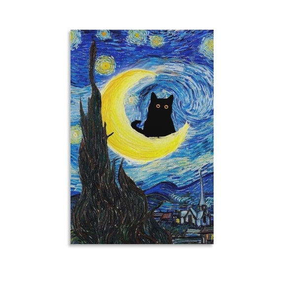 Interesting Wall Art Van Gogh Starry Night Black Cat Abstract Canvas Painting Canvas Art Poster and Wall Art Picture Print Modern Family bedroom Decor Posters 12x18inch(30x45cm)