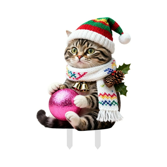 Interesting Xmas Cat Garden Ground Stake Adornment Colorful Insert Art Xmas Outdoor Ornamentation For Yard Christmas Garden Outdoor Naming Names Solar Outdoor Ground Lights Cemetery Flowers for Vase