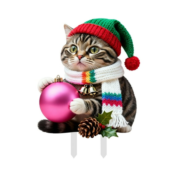 Interesting Xmas Cat Garden Ground Stake Adornment Colorful Insert Art Xmas Outdoor Ornamentation For Yard Christmas Garden Outdoor Naming Names Solar Outdoor Ground Lights Cemetery Flowers for Vase