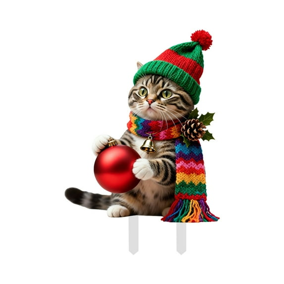 Interesting Xmas Cat Garden Ground Stake Adornment Colorful Insert Art Xmas Outdoor Ornamentation For Yard Metal Holder for Phone Chalk Sticks Succulent Seasonal Garden Flags for outside Gardening