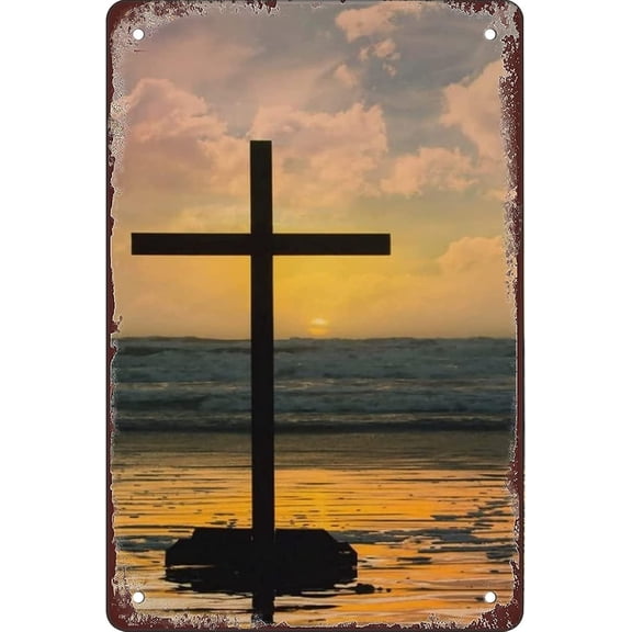 Interesting tin Sign Religious Cross in The Ocean Wall Decoration Metal Plaque People cave bar Cafe Living Room American Style 8X12 inches