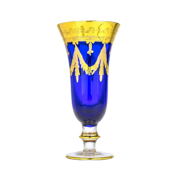 Interglass - Italy Cobalt Blue Crystal Champagne Flutes Vintage Design 24K Gold Hand Decorated, 9 oz, Set of 1 (Blue, Champagne)