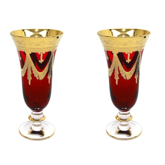 Interglass - Italy, Red Crystal Champagne Flutes, Vintage Design, 24K Gold Hand Decorated, 9 oz, Set of 2