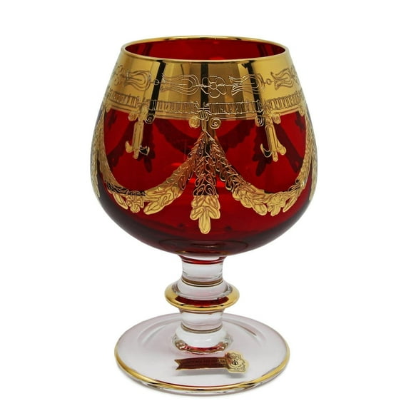Interglass - Italy Ruby Red Crystal Brandy Snifters Vintage Design 24K Gold Hand Decorated 10 oz, Set of 1 (Red, Brandy)