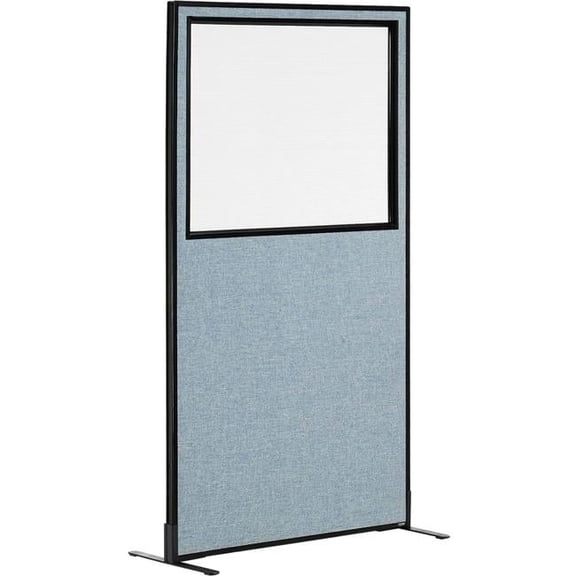 Interion Freestanding Office Partition Panel with Partial Window, Blue - 36.25 x 96 in.