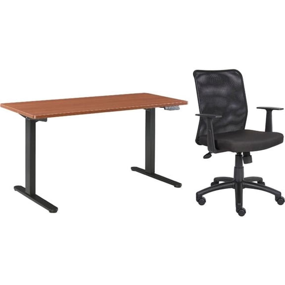Interion Height Adjustable Table with Chair Bundle & Black Base - Cherry - 60 x 30 in.