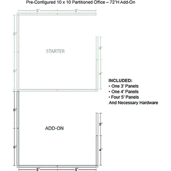 Interion Pre-Configured Office Cubicle Add-On Kit - Gray - 10 x 10 ft. x 72 in.
