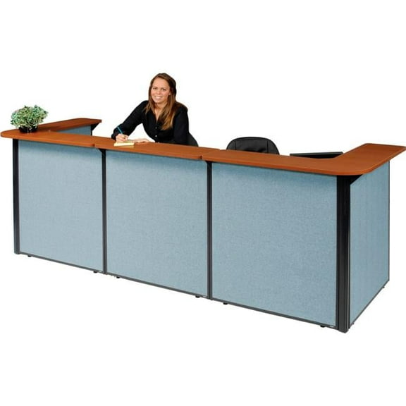 Interion U-Shaped Reception Station with Cherry Counter & Blue Paneling - 124 x 44 x 44 in.