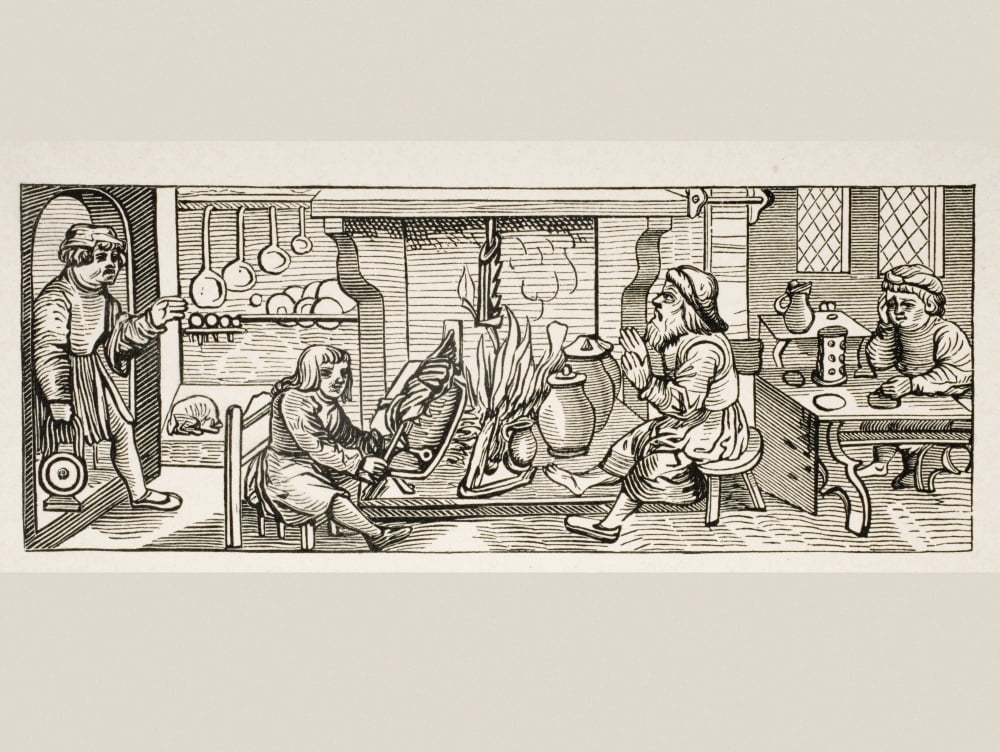 Interior Of A 16Th Century Kitchen Copy Of Woodcut In Calendarium Romanum By Jean Staeffler Printed In Tubingen Germany 1518 Canvas Art - Ken Welsh Design Pics (17 x 12)