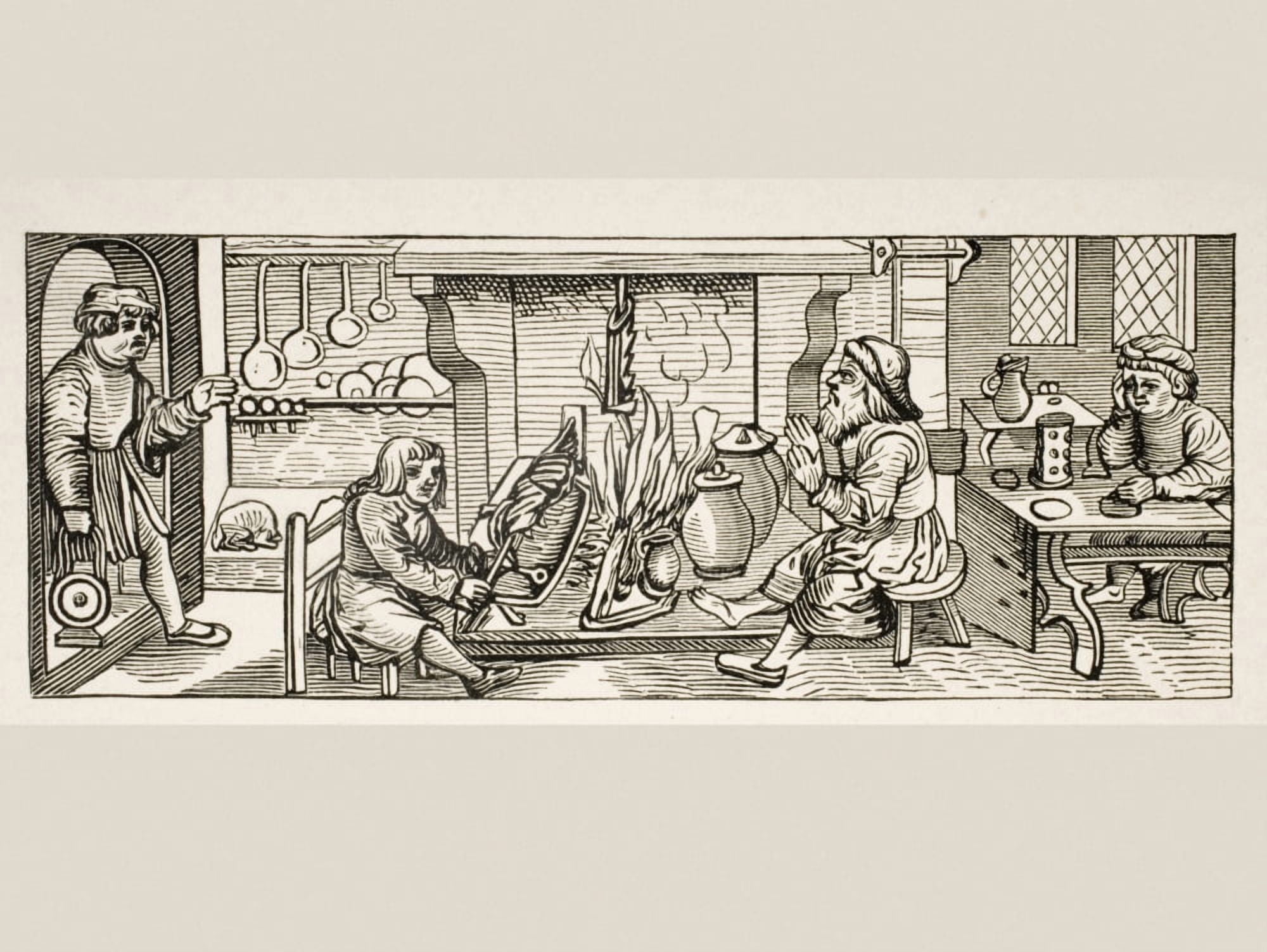 Interior Of A 16Th Century Kitchen Copy Of Woodcut In Calendarium Romanum By Jean Staeffler Printed In Tubingen Germany 1518 Canvas Art - Ken Welsh Design Pics (34 x 24)