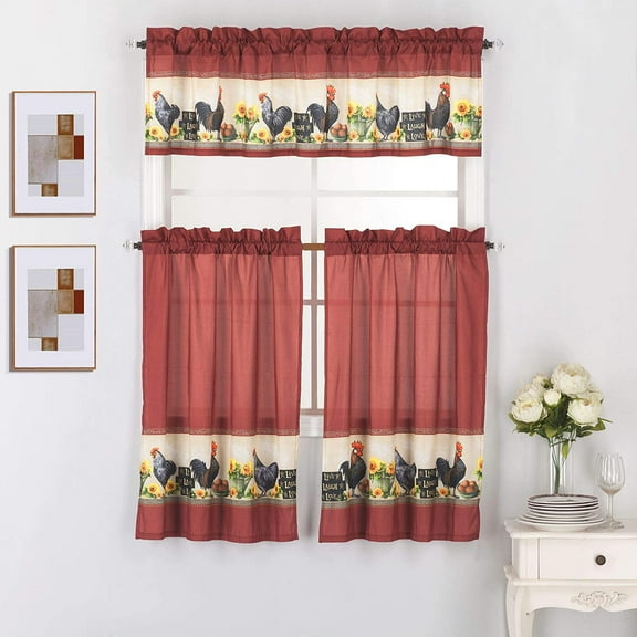 Interior 3 Piece Kitchen Window Curtain Panel Tiers and Valance Set (36" Tiers Set, Brick Rooster)