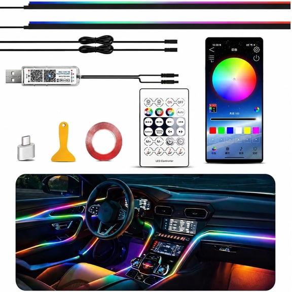 Interior Ambient Lighting Kit,  LED Strip Lights 43.3in 2 in 1, APP & Remote Control, RGB  Sync Neon Light, USB  Flexible  Lights for Dashboard, Door,  Fit