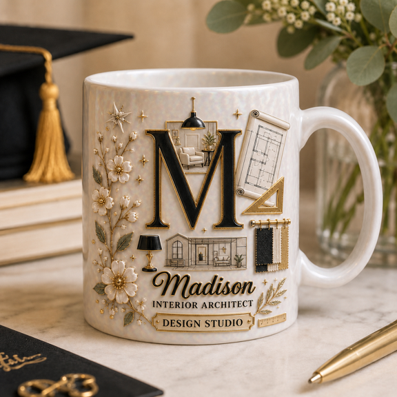 Interior Architect Mug, Elegant Monogram Design Coffee Cup for Designers & Graduates