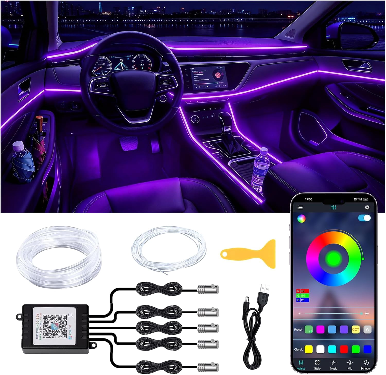 Interior Car LED Lights Wireless APP Control 5 in 1 RGB Ambient ...