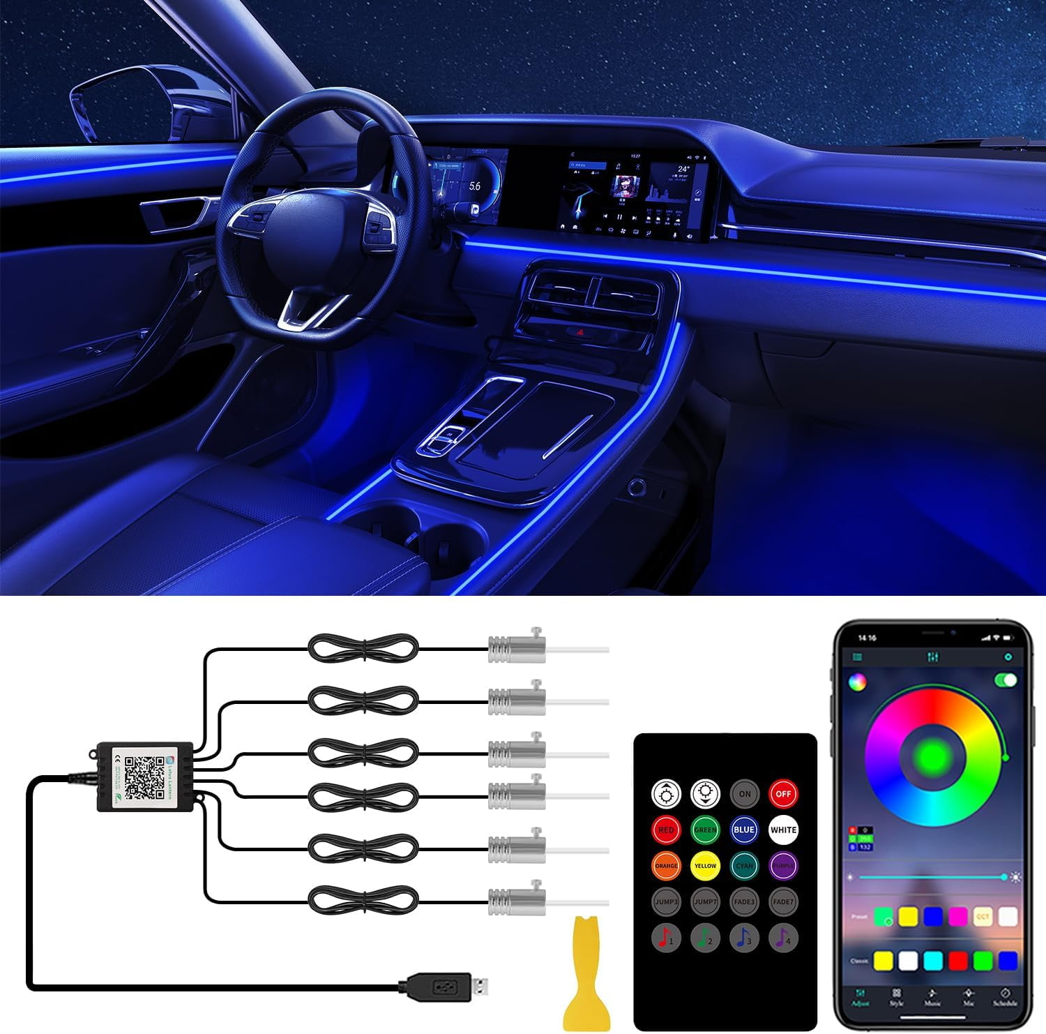 Interior Car LED Lights with Wireless APP/RF Remote Control, RGB 6 in 1 ...