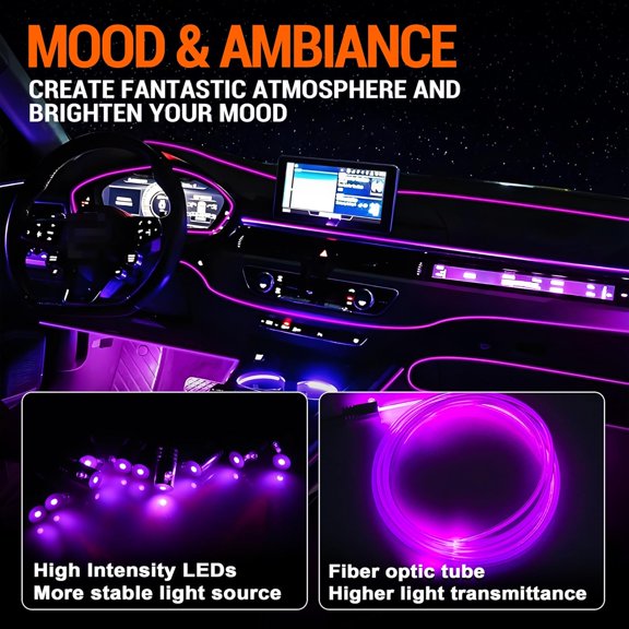 Interior Car LED Strip Lights, RGB 10-in-1 16 Million Colors Ambient Lighting Kit with 470 inches Fiber Optic Wireless APP & Remote Control Music Sync