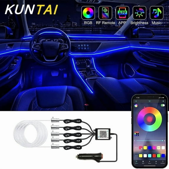 Interior Car LED Strip Lights with Wireless APP and Remote Control, RGB 5 in 1 Ambient Lighting Kits with 236 inches Fiber Optic, 16 Million Colors Car Neon Lights, Sync to Music