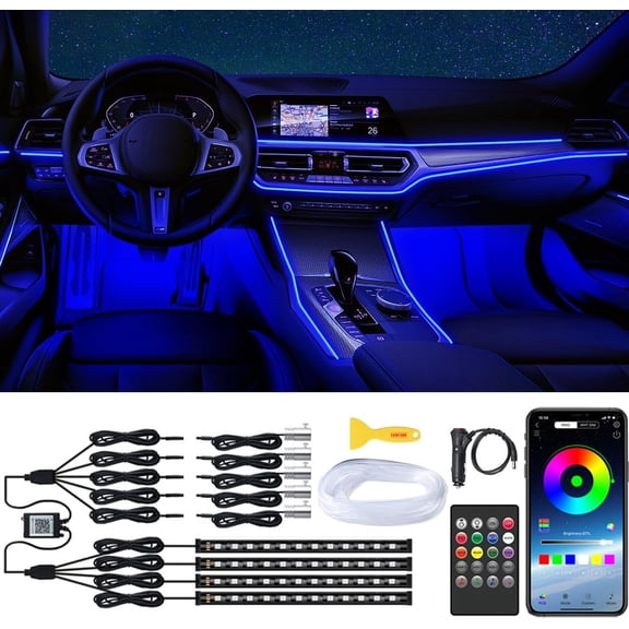 Interior Car Lights with Wireless APP & Remote Control, 9 in 1 RGB Ambient Lighting Kit 4 Under Dash 5 Fiber Optic LED Strips, Sync to Music Inside Accessories