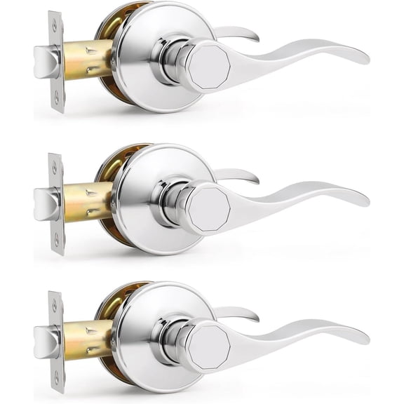 Interior Door Handle Lever Chrome Door Handles Passage Door Lever Handle, Closet Door Handle Polished Chrome Interior Keyless Door Handle for Hallway Closet Wave Style Reversible, 3 Pack