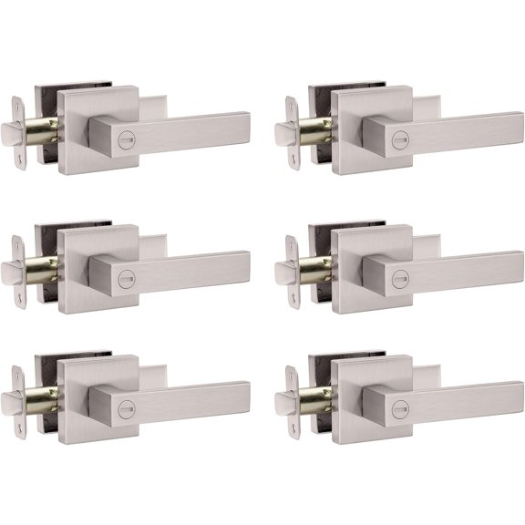 Interior Door Handle Satin Nickel Door Knob Keyless Levers Set (6 Pack), Heavy Duty Privacy Door Handle Lock for Bedroom or Bathroom, Square Door Lock for Left Right Handle Doors
