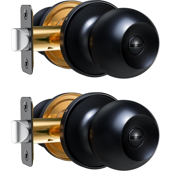 Interior Door Knob 2-Pack, Keyless Privacy Door Locks for Bedroom & Bathroom, Thumb Lock & Emergency Release, Rust-Proof Metal, Easy to Install, Modern Round Doorknobs Set, Matte Black