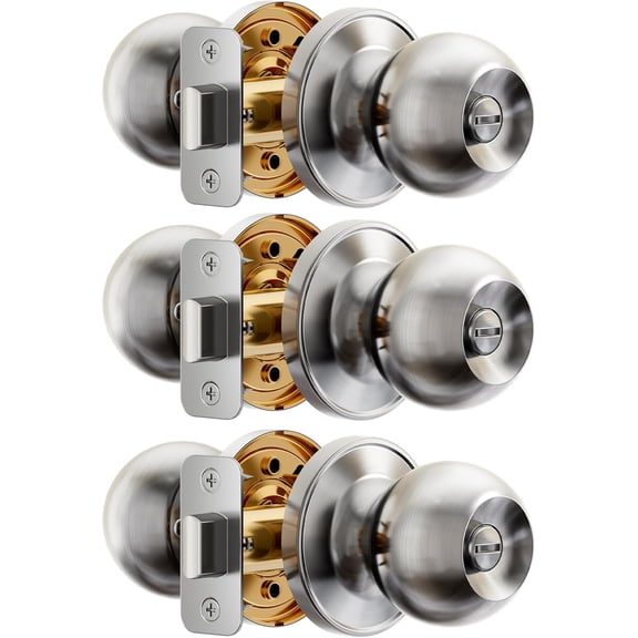 Interior Door Knob 3-Pack, Keyless Privacy Door Locks for Bedroom & Bathroom, Thumb Lock & Emergency Release, Rust-Proof Metal, Easy to Install, Modern Round Doorknobs Set, Brushed Nickel