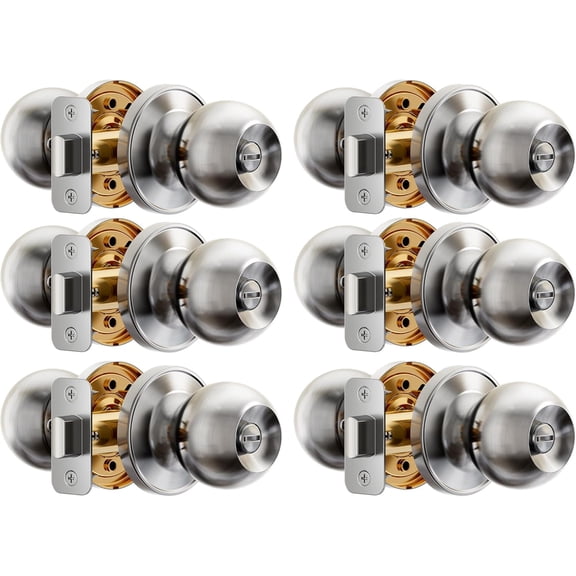 Interior Door Knob 6-Pack, Keyless Privacy Door Locks for Bedroom & Bathroom, Thumb Lock & Emergency Release, Rust-Proof Metal, Easy to Install, Modern Round Doorknobs Set, Brushed Nickel